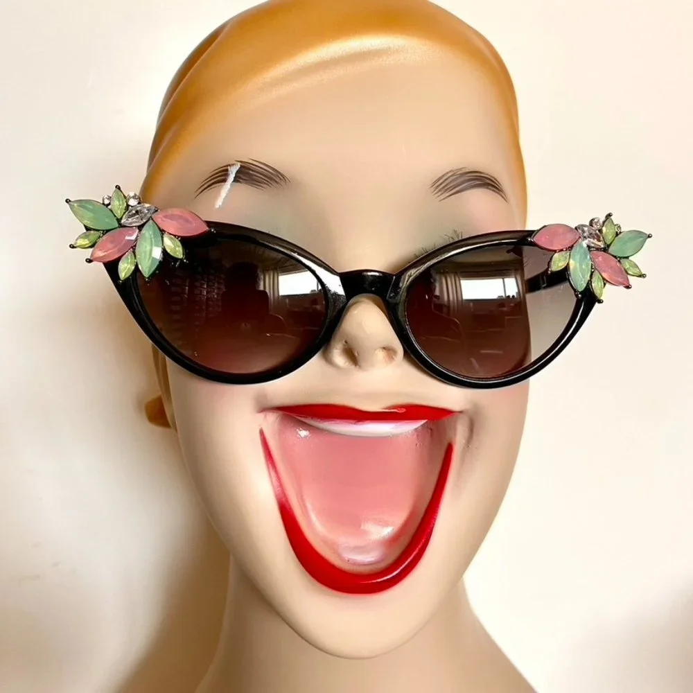 Retro Rhinestone hand embellished sunglasses Jet with pastel rhinestone wings